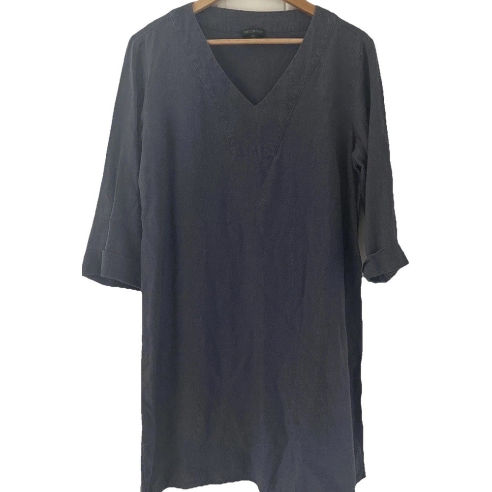 For Cynthia LINEN Blue M Midi Shift Dress Coastal  Lagenlook Minimalist Chic